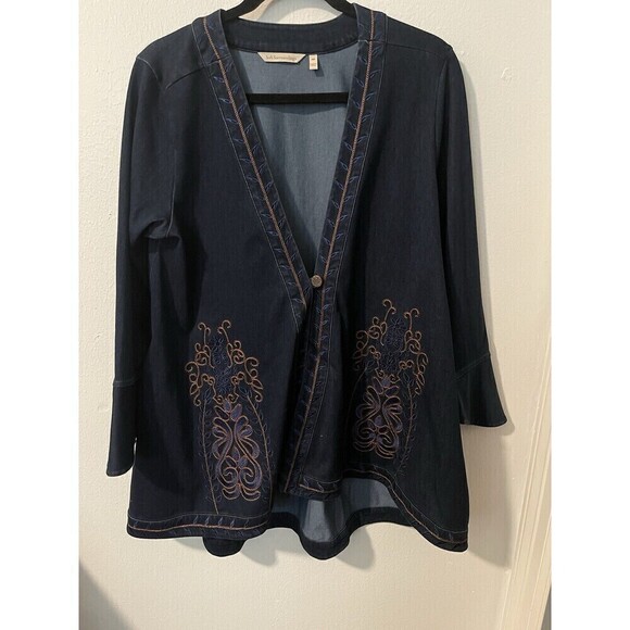 Soft Surroundings Stretch Denim Embroidery Tunic Jacket Sz PM Boho Button Front - Picture 1 of 11